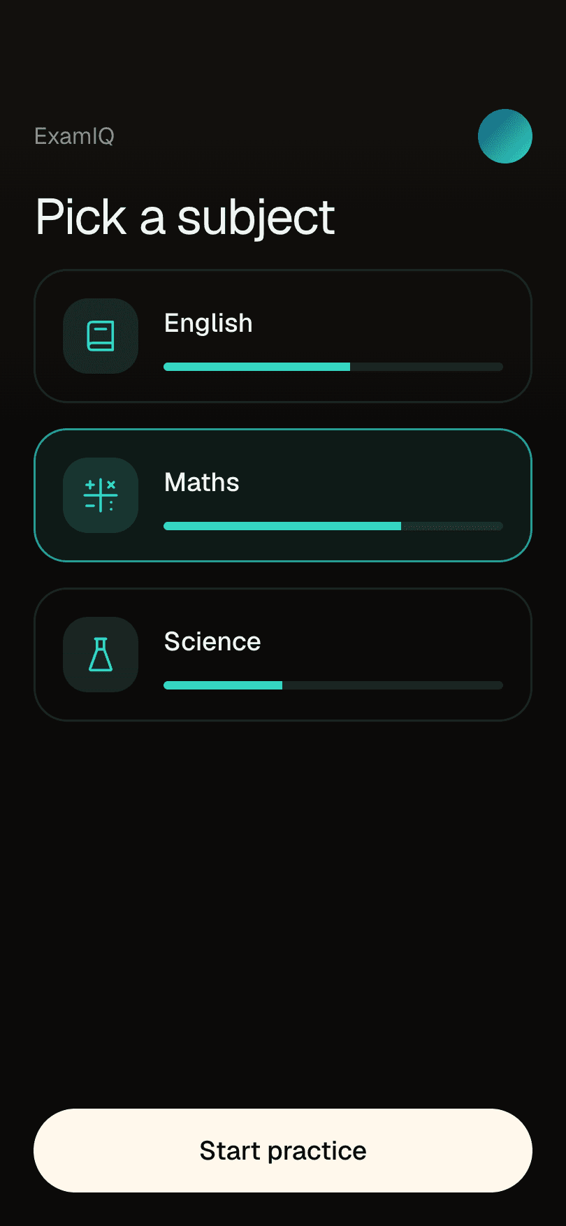 Illustrative ExamIQ screen: English, Maths & Science