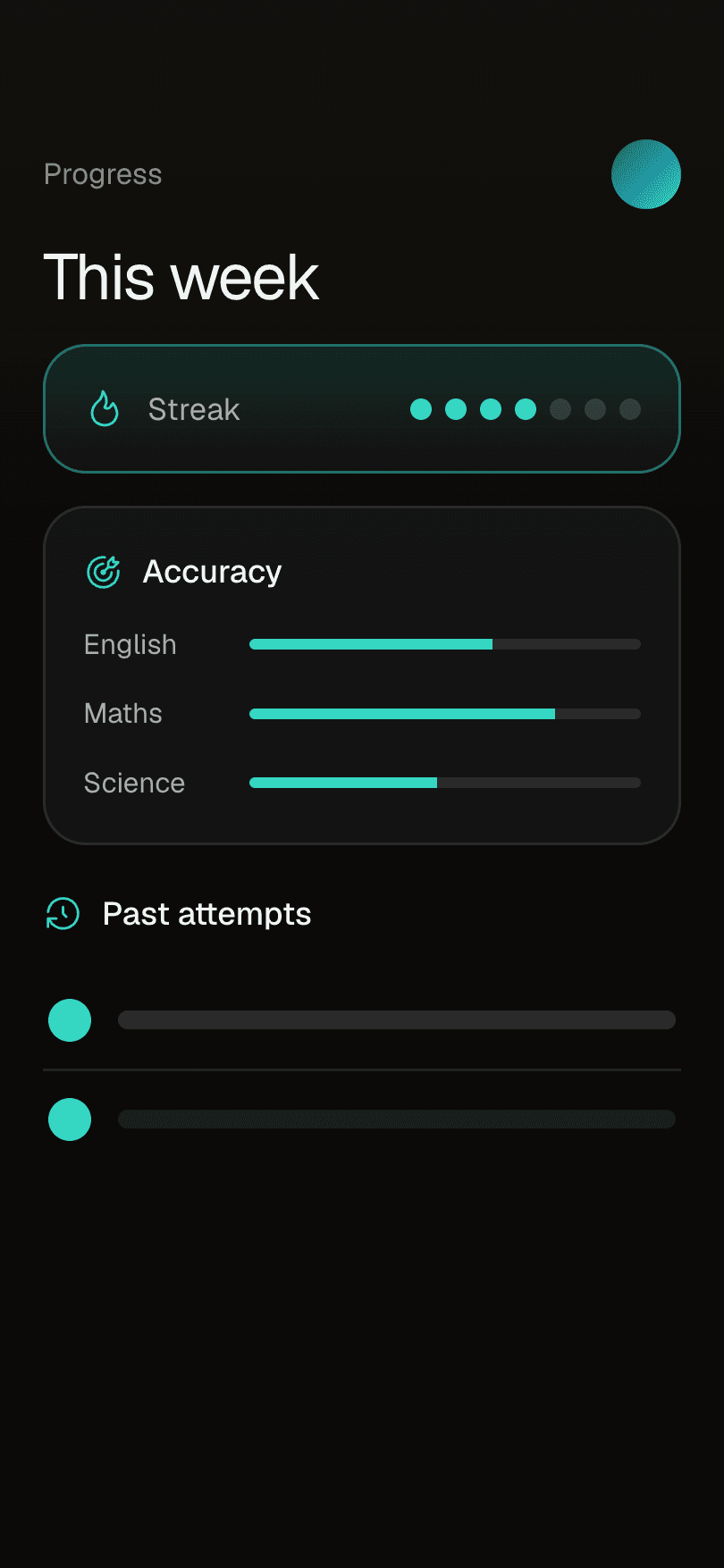 Illustrative ExamIQ screen: Streaks & accuracy