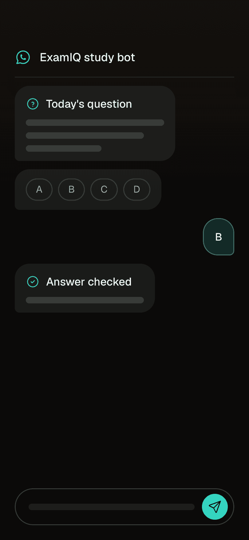 Illustrative ExamIQ screen: Daily practice on WhatsApp