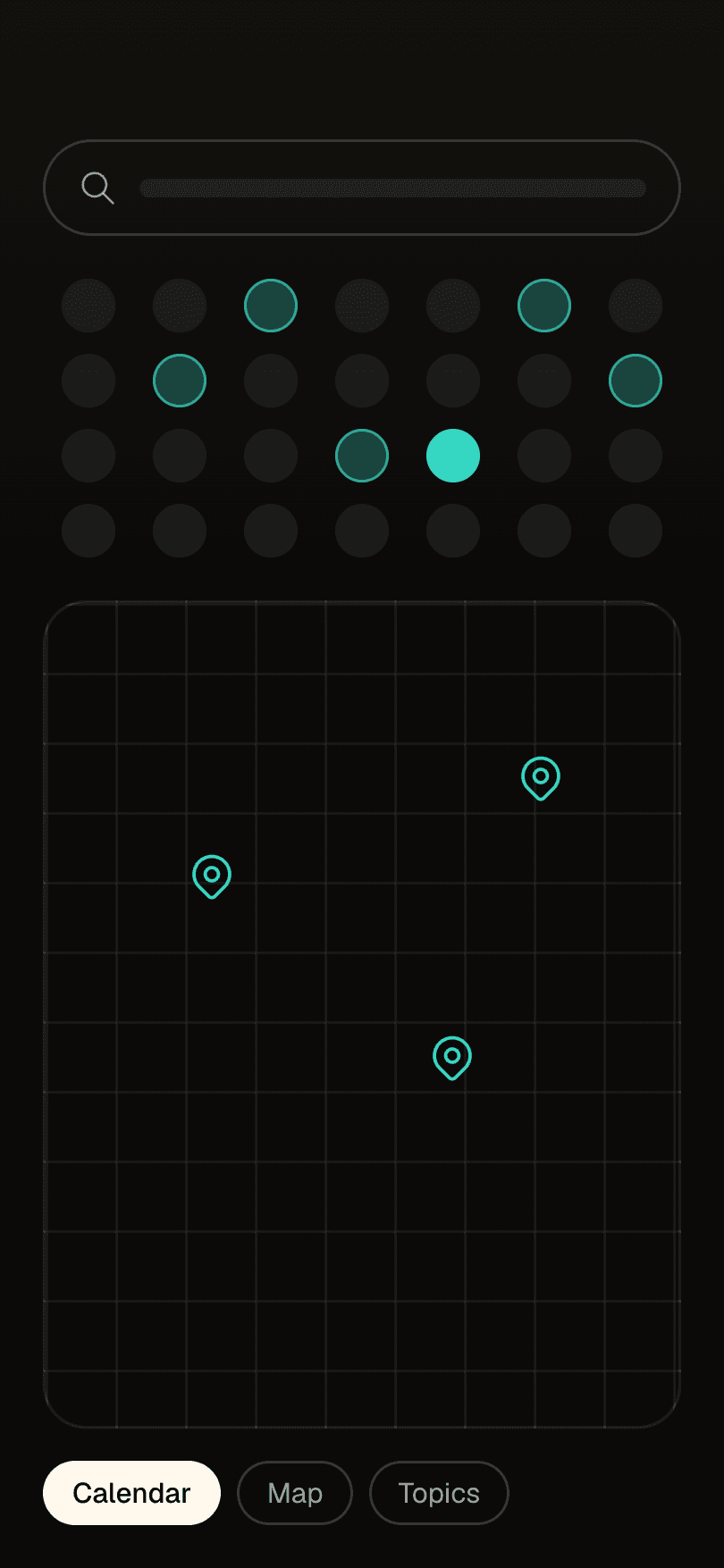 Illustrative JJournal screen: Search, calendar & map views